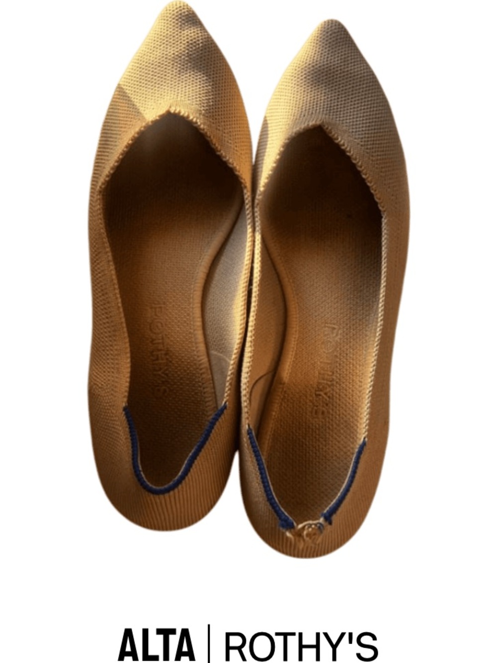 Rothy's Pointed-Toe Flats in Tan with Navy Trim